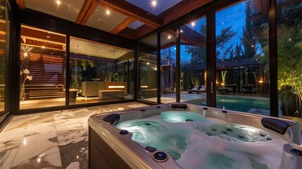 Fototapeta premium Contemporary sunroom with a sleek hot tub, ambient lighting, and a night sky view