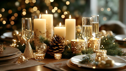 Festive Table Setting Glows with Candles, Pine Cones, and Golden Ornaments for a Holiday Celebration