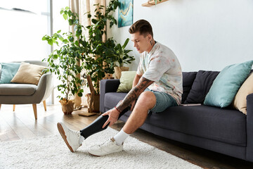 Young man with prosthetic leg enjoying time in a cozy living room surrounded by plants