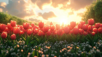 Red tulips blooming in garden with sunset glow, spring nature landscape