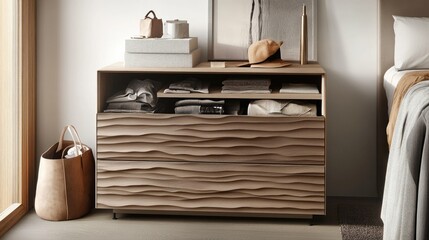 A sleek modern chest of drawers with a textured finish, displaying organized clothing and small storage boxes.