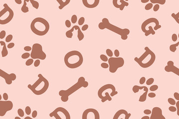 Seamless pattern. Dog word background and paw print. Seamless pattern in mocha mousse color. Vector. Vector 
