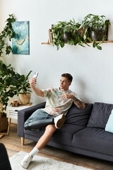 Handsome young man with prosthetic leg enjoys a moment of creativity in his cozy living room