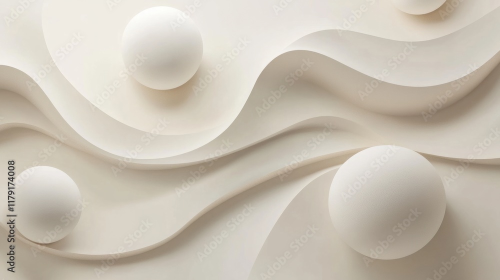 Poster a minimalist 3d art mural with abstract spheres and subtle shadows, creating depth on a light neutra