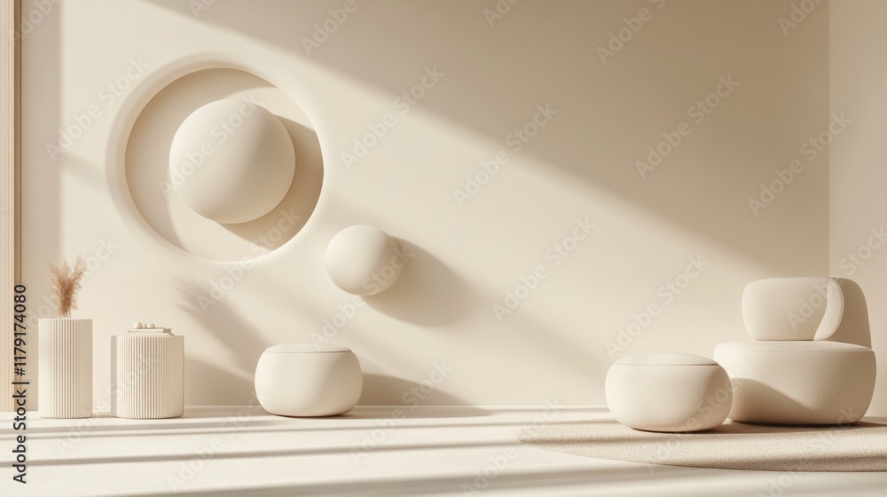 Aufkleber a minimalist 3d art mural with abstract spheres and subtle shadows, creating depth on a light neutra