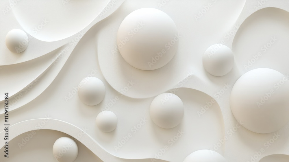 Poster a minimalist 3d art mural with abstract spheres and subtle shadows, creating depth on a light neutra