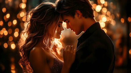 Couple Shares Intimate Moment with Foreheads Touching, Illuminated by Warm Golden Bokeh Lights