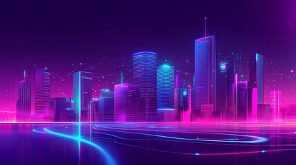 A futuristic city shimmers on a digital landscape.  Pink and blue neon lights illuminate the skyscrapers, creating a captivating.