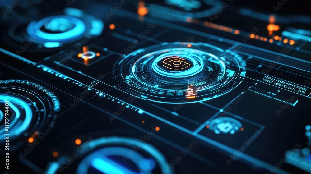 Poster futuristic digital interface with interactive data visualization elements
