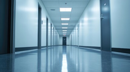 Obraz premium A sleek, modern hallway with polished floors, recessed ceiling lights, and a clean, uninterrupted design