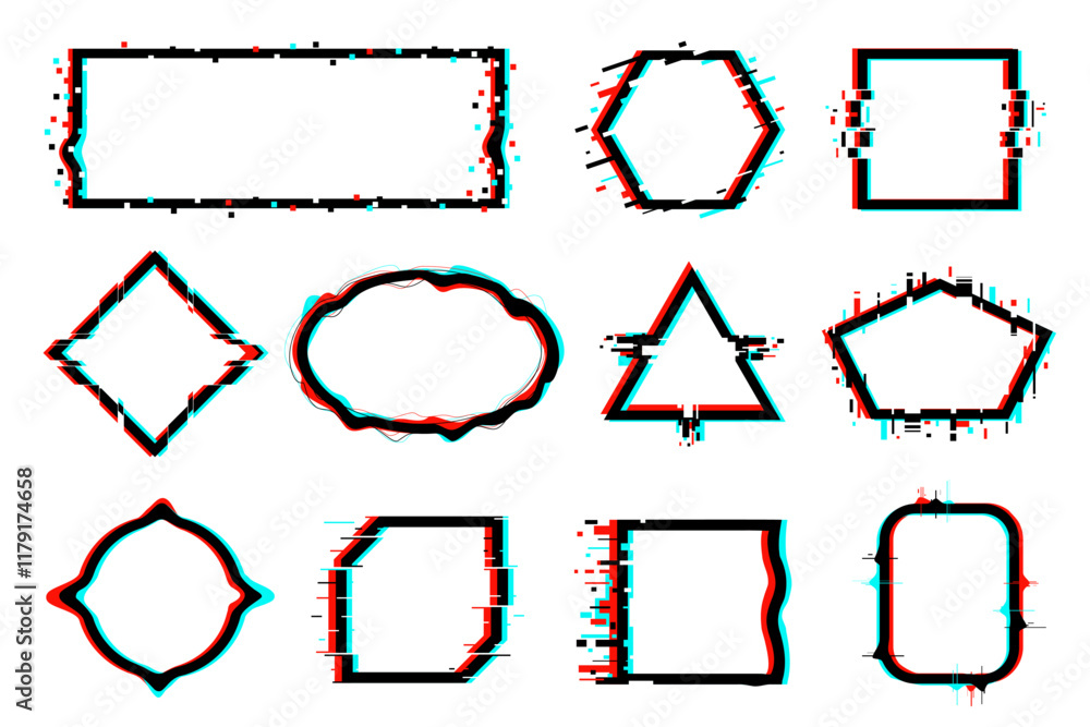 Poster glitch effect frames. different shapes distorted borders. trendy visual noises. modern abstract form