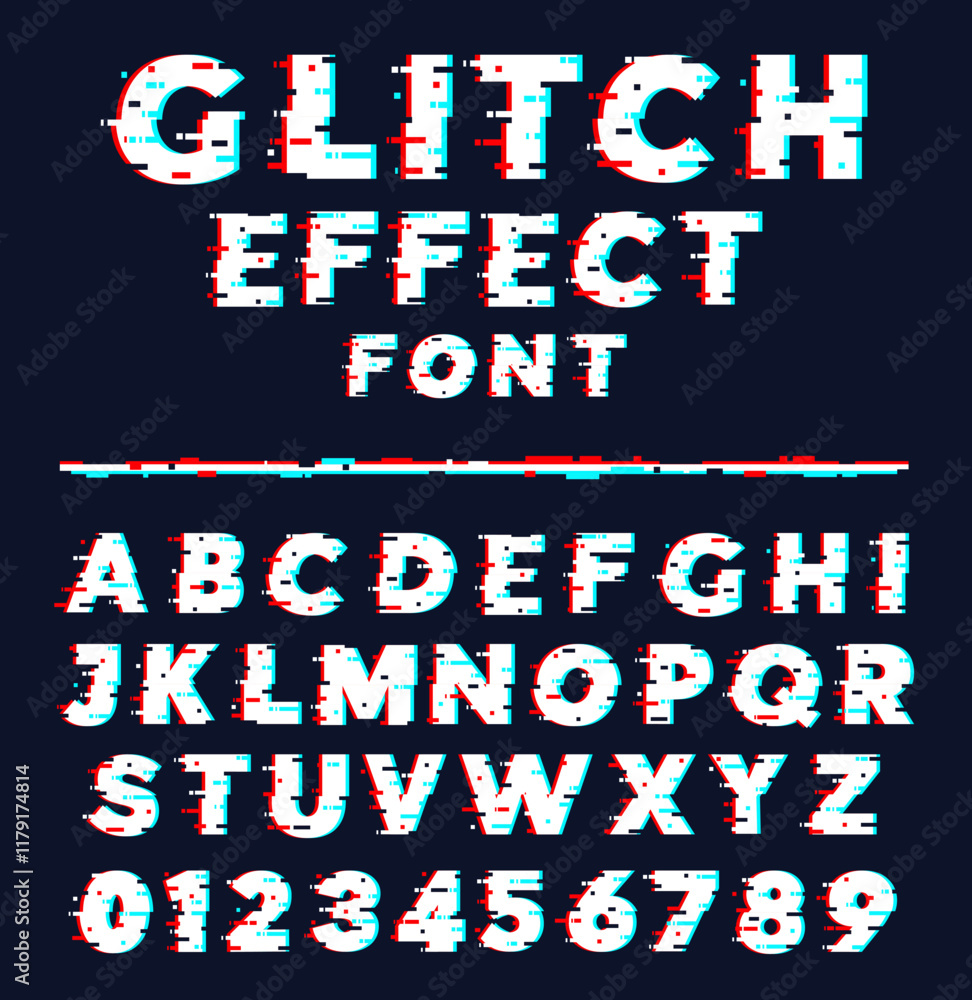 Fototapete glitch effect font. trendy modern style letters and numbers. visual noise. digital distorted alphabe