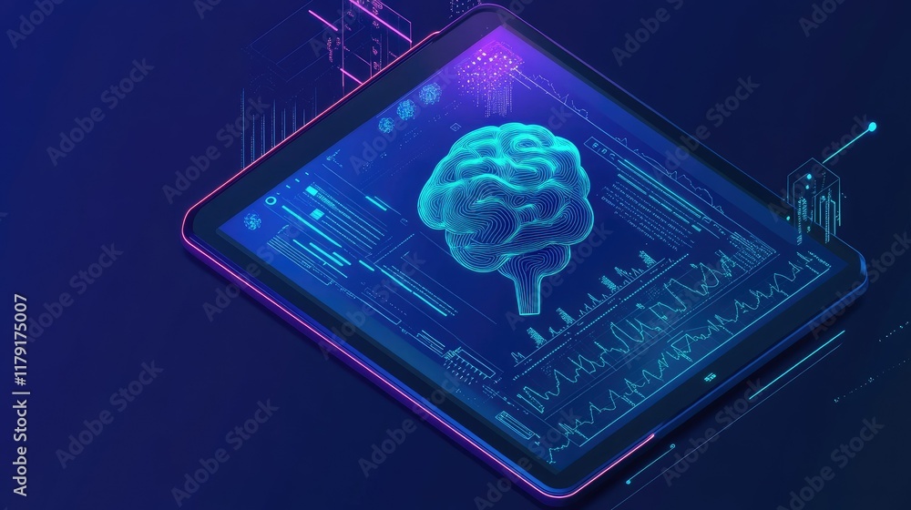 Poster futuristic digital brain interface on tablet screen with data analysis