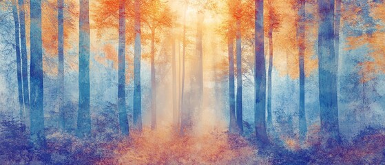 Serene autumnal forest path bathed in soft, ethereal light. Dreamy watercolor painting of nature's tranquility.