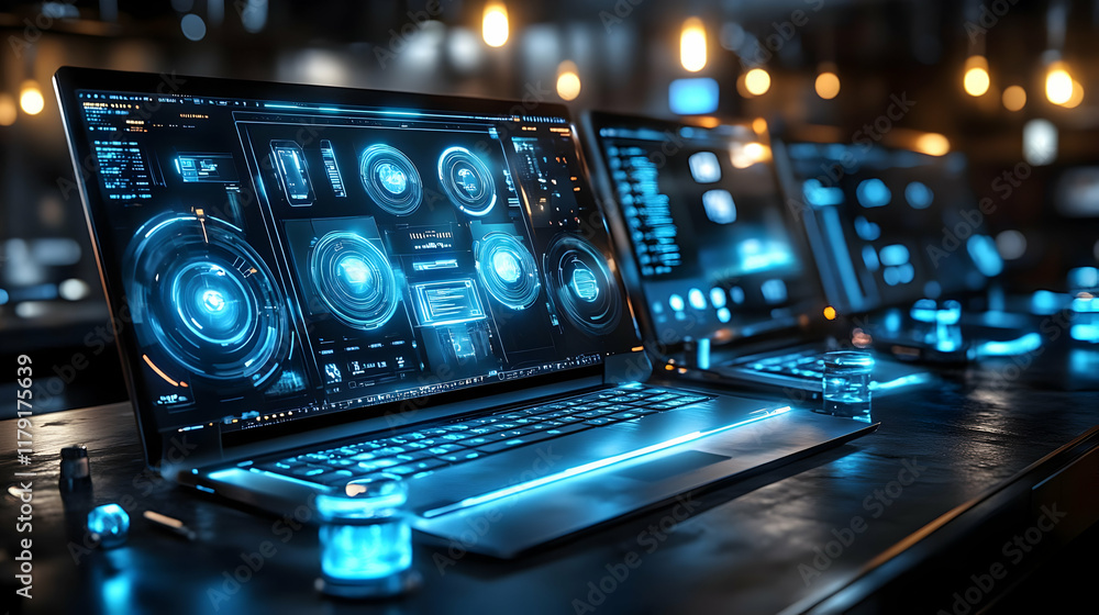 Poster futuristic laptop displays complex data visualizations in a dark, high-tech environment