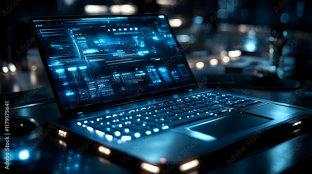 Poster futuristic laptop displays complex data streams in a darkened room with ambient lighting