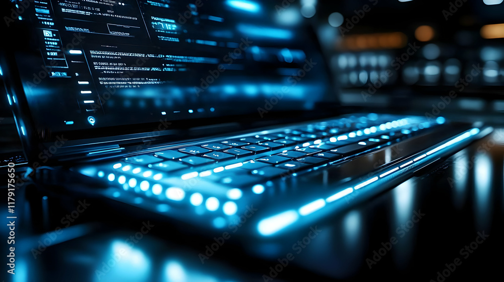 Poster futuristic laptop displays code in a dark room setting with illuminated keyboard