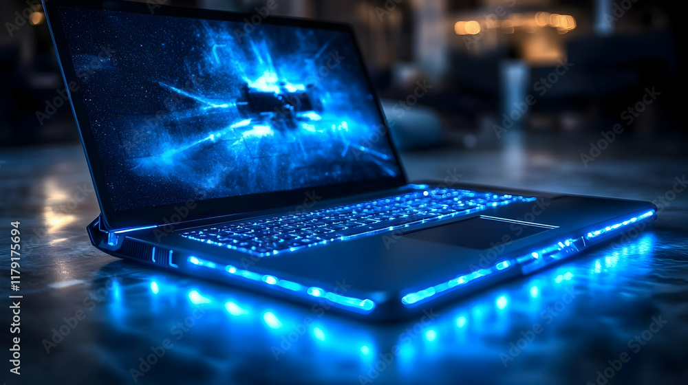 Aufkleber modern laptop shows futuristic blue interface displaying complex data visualization clearly in a dar