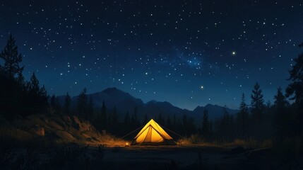 Illuminated tent under a starry night sky in a mountainous forest.