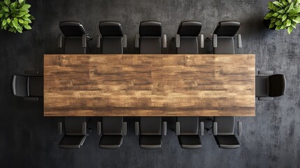 Fototapeta premium Conference Room Table with Black Chairs and Green Plants Top View