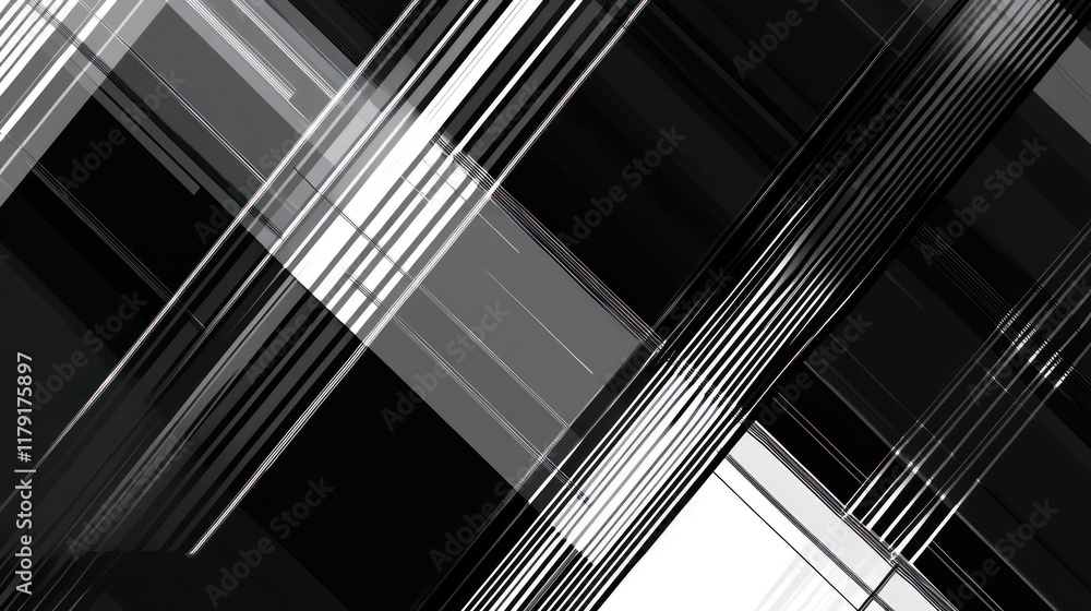 Poster abstract grayscale diagonal lines intersecting, creating a dynamic geometric pattern.