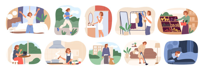 Daily woman routine scenes. Everyday female activities. Leisure and work. Girl taking yourself care. Shopping in supermarket. Walking in park. Dinner food cooking. Garish vector set