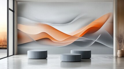 A modern 3D art mural with flowing lines and gradient colors, set against a minimalist light background