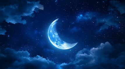 Crescent Moon with Faint Halo and Visible Surface Details in a Deep Indigo Night Sky with Subtle Starlight