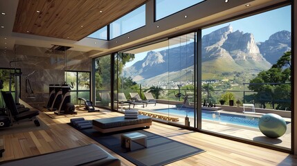 Modern sunroom with a chic home gym, sleek exercise equipment, and a mountain view