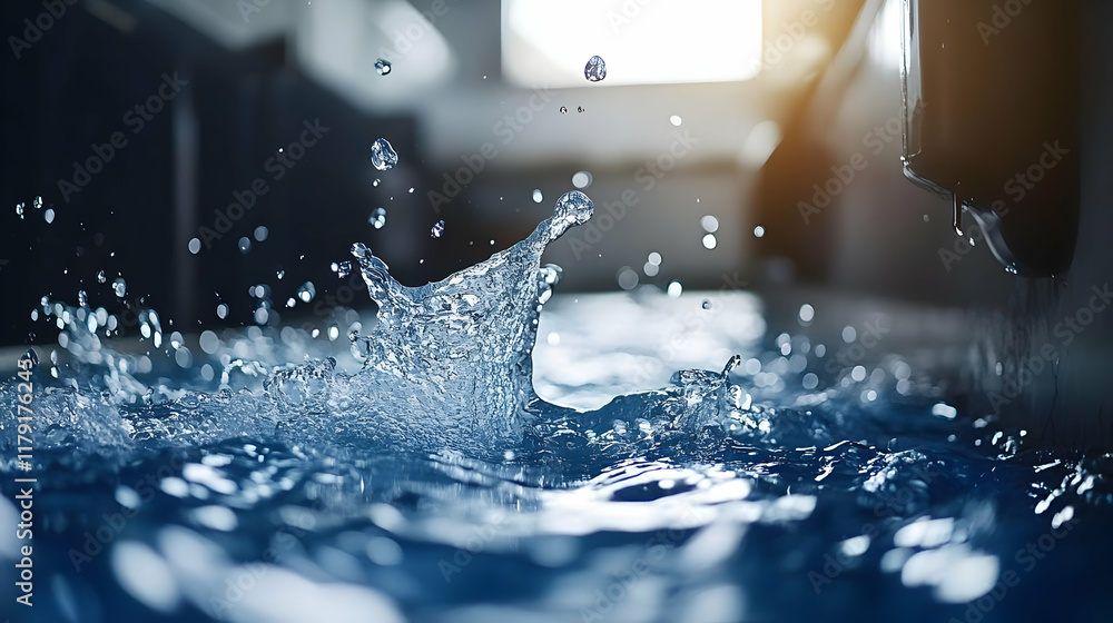Poster water splashes dramatically into a pool, creating ripples and droplets in the air with sun.
