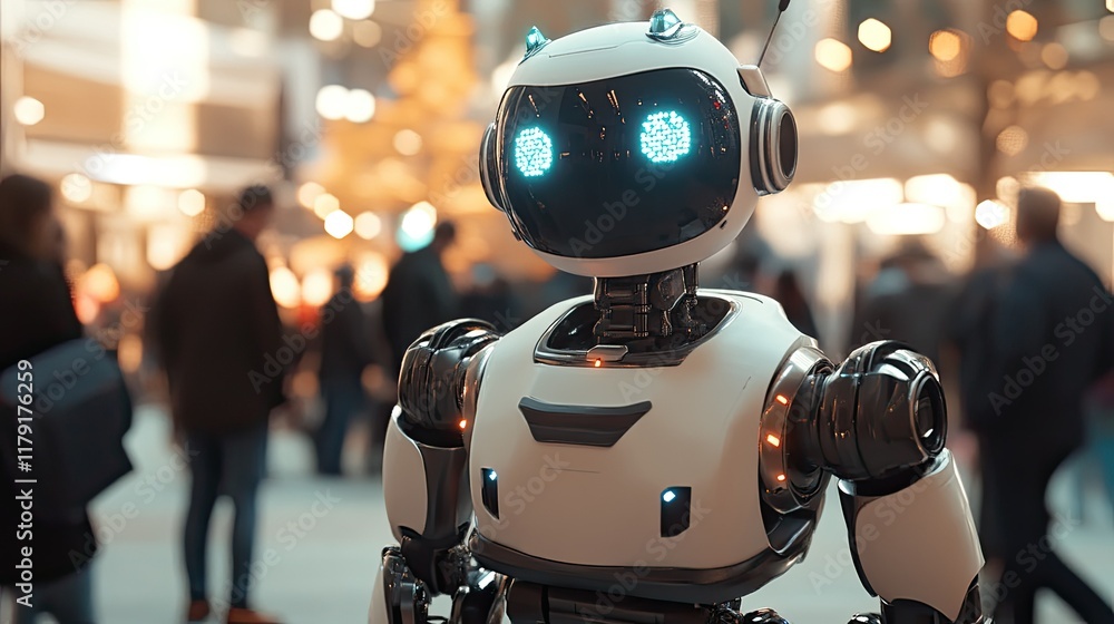 Poster friendly robot with illuminated face in modern urban environment