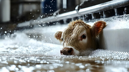 Cow enjoys a refreshing bath in a trough, amidst bubbly water and splashing droplets. Farm hygiene, livestock care.