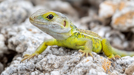 Naklejka premium Close-up portrait of beautiful ocellated lizard with yellow scales. Wild reptile basking on rocky surface, macro photography