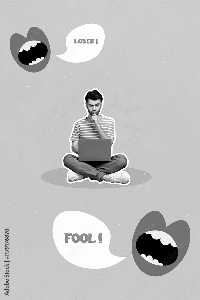 Poster photo sketch collage graphics artwork picture of depressed guy getting hate messages modern device i