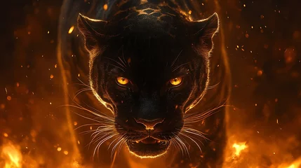 Fototapeten Panther Black panther in wildlife predator scene with fire high resolution hd picture  © SUVO