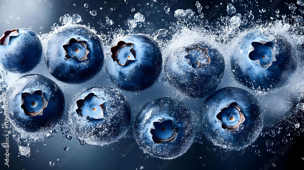Poster fresh blueberries splashed with ice water on a dark background creates a refreshing visual.
