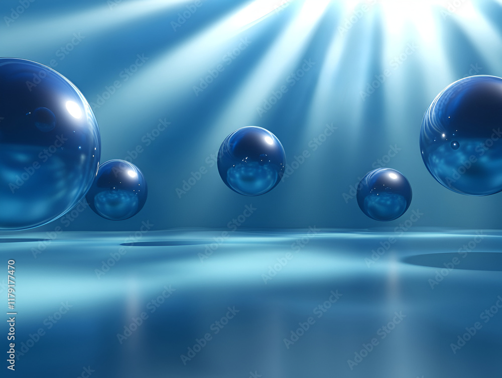 Poster floating spheres in gradient blue tones, subtle depth and light rays piercing through as if underwat