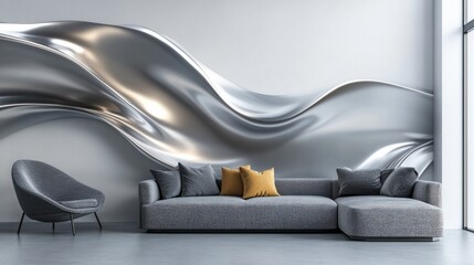 A modern 3D mural of metallic waves flowing elegantly on a white background, ideal for a minimalist space