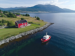 Naklejka premium Red House by the Fjord Aerial Photo