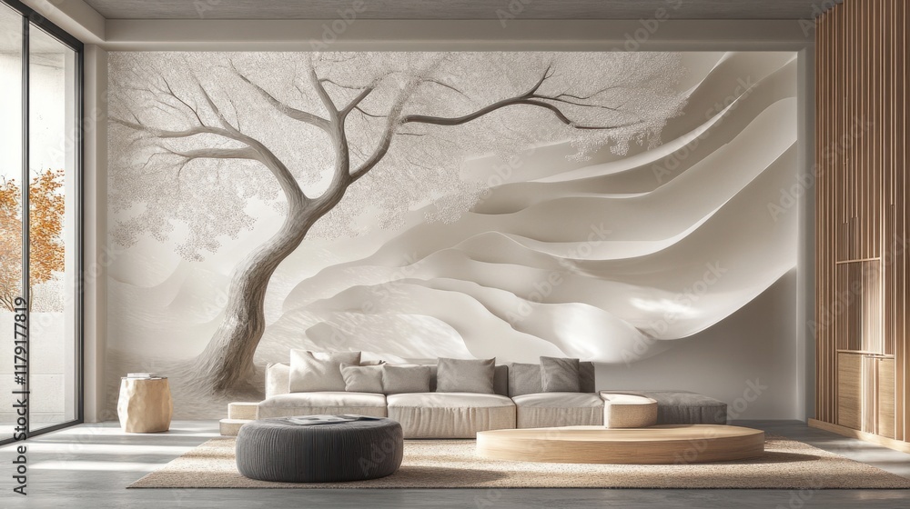 Poster a modern art mural showcasing an abstract tree design with 3d elements on a soft light background