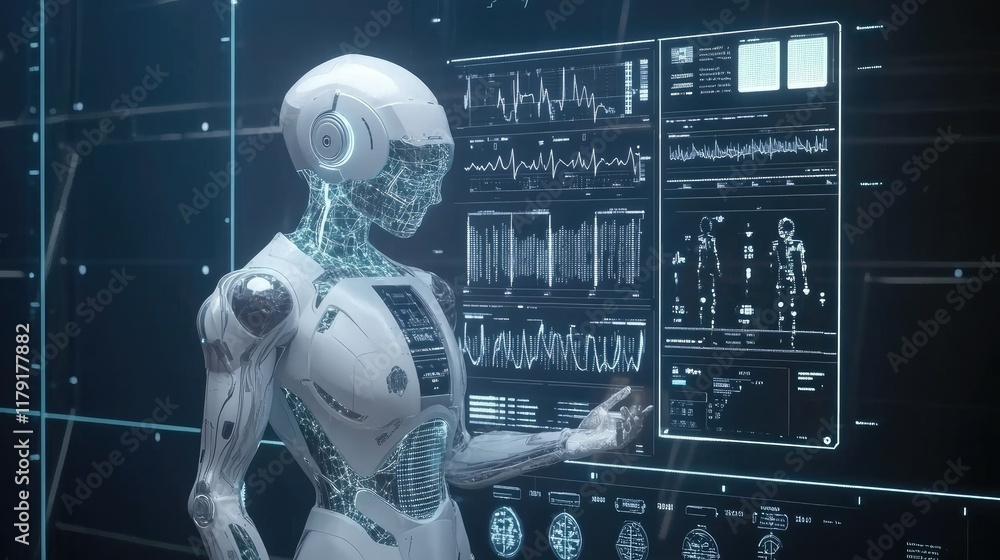 Poster futuristic robot analyzing data on advanced digital interface