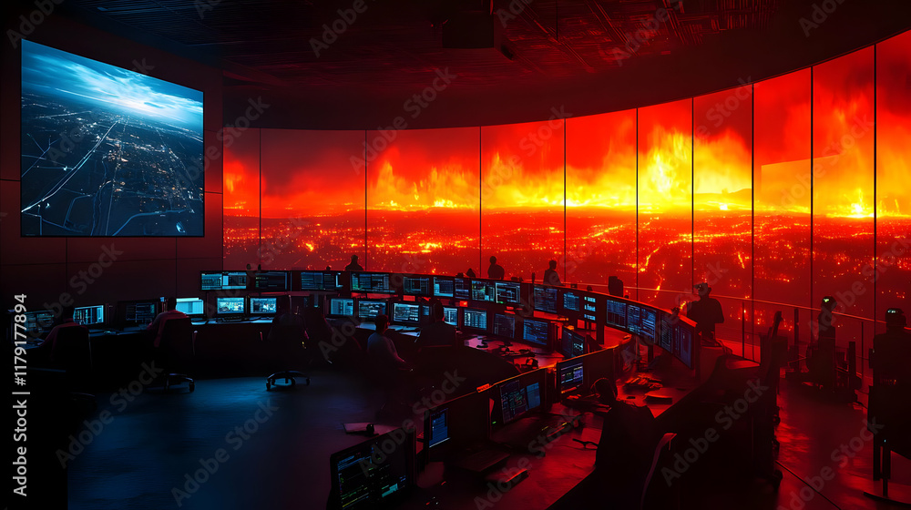 Aufkleber operators monitor a simulated disaster on a large curved screen in a dimly lit control room.