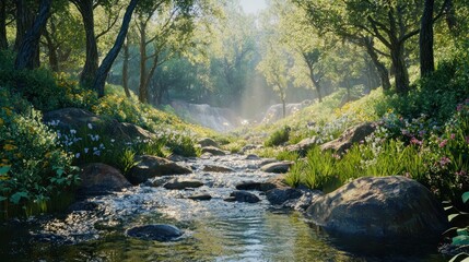 Obraz premium Serene Stream in a Sunlit Forest: A Digital Painting of Tranquility