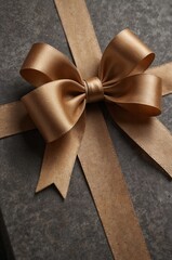 Elegant gift box with golden ribbon bow on textured gray background, decorative wrapping, copy space