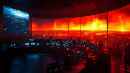 Operators monitor a simulated disaster on a large curved screen in a dimly lit control room.