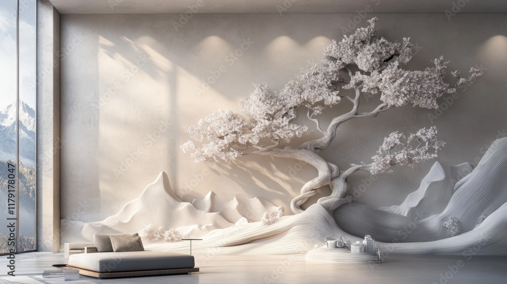 Poster a modern art mural showcasing an abstract tree design with 3d elements on a soft light background