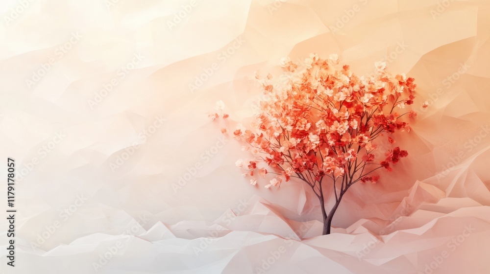 Poster a modern art mural showcasing an abstract tree design with 3d elements on a soft light background