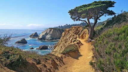 Coastal trail with scenic ocean view and tree.