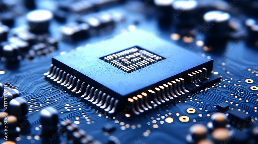 Poster close-up microchip rests on blue circuit board with intricate wiring in soft focus background