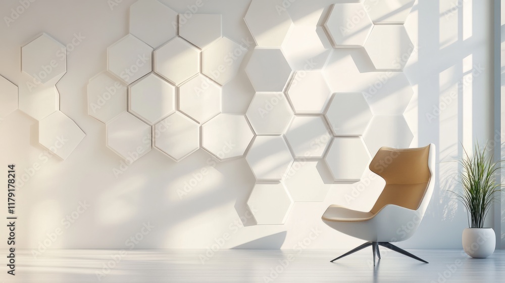 Poster a modern geometric 3d wall design with hexagonal patterns in muted colors, placed on a clean light b